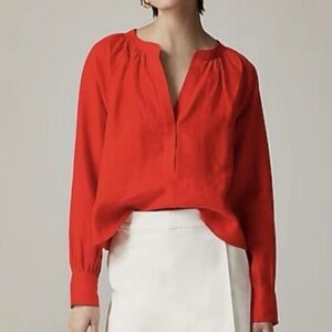 J. Crew 2025 100% Linen Cabana Long Sleeve Top in Red SZ M Beach Coastal Resort